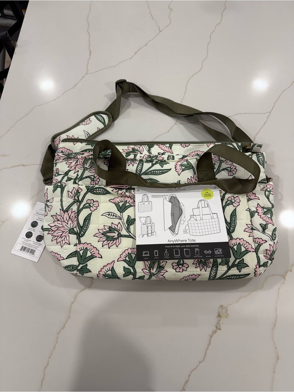 AnyWhere Tote Floral Quilted Tote Bag - Green/Pink